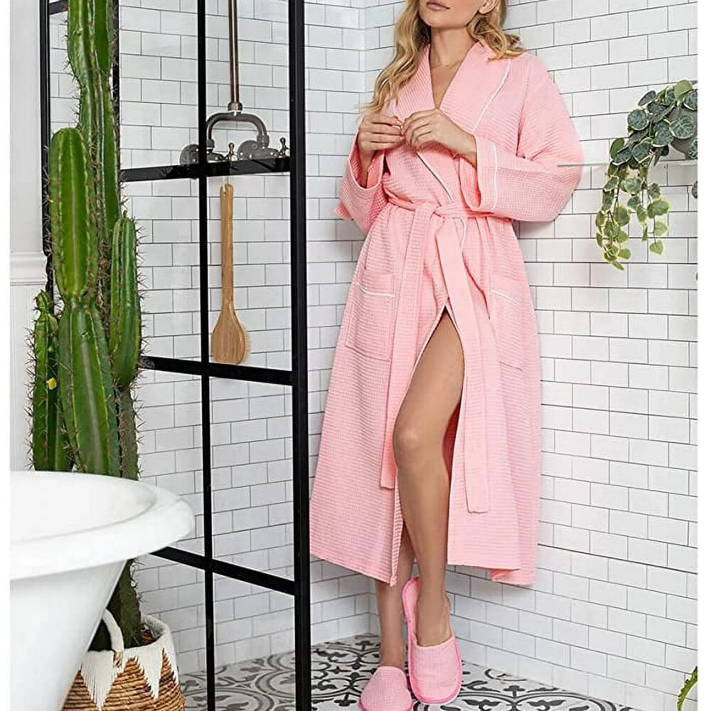 Lotus Linen Waffle Piping Robe Cotton Blend Long Spa Bathrobe Pink Women Size XL